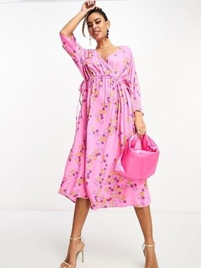 Y.A.S pink floral wrap-style midi dress V-neck empire waist, 3/4 sleeve Flowy XL
